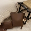 Detail of dark brown lychee texture bucket bag with cute plush bear keychain - Brown with Pendant