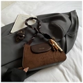 Retro brown contrast square crossbody bag with braided handle and beaded charm accessory - Suede Coffee