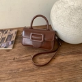 Vintage coffee brown crossbody bag with large square buckle in smooth polished leather - Brown No Pendant