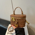 Brown quilted PU square box bag with gold-tone hardware and detachable shoulder strap - Brown No Pendant