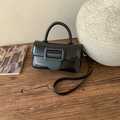 Vintage black gloss small square handbag with decorative buckle and crossbody strap - Black without Pendant