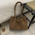 Caramel brown leather tote bag with stylish metal buckle detail and long shoulder straps - Brown No Pendant