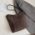 Dark coffee large tote bag with contrast stitching and embossed letters in suede finish - No Pendant / Brown