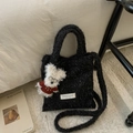 Detail of black plush mini tote bag featuring a cute teddy bear doll and long shoulder strap - Black (with Pendant)