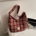 Borsa hobo in tela a scacchi rossi e bianchi con manico e grande capacità interna - Borgogna