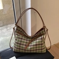 Borsa tote retrò a quadri verdi e marroni con manici in pelle e fibbia metallica - Quadri Marrone Verde
