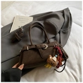 Dark brown suede square handbag with adjustable strap and cute plush bear charm - Coffee with Pendant