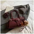 Elegant wine red handbag with a cute bear charm and a detachable shoulder strap - Wine Red With Pendant