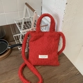 Winter plush red shoulder bag with fuzzy texture and adjustable long strap in soft fleece - Red