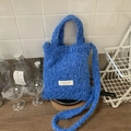 Winter fluffy plush tote bag in cobalt blue with shoulder strap and brand label - Blue