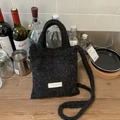 Chic black plush tote bag with white woven label for winter casual everyday use - Black