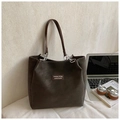 Minimalist large charcoal tote bag with brown straps and Foshian brand fabric label - Coffee without Pendant