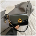 Elegant black glossy leather square shoulder bag with golden U-shaped buckle and chain strap - Black