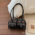 Retro plaid woolen underarm bag with contrast leather pockets and top handles - Black Check