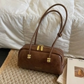 Bolso baguette de cuero sintético marrón con cremallera doble y esferas doradas - 28*6*14cm / Marrón Sin Colgante