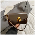 Minimalist square dark brown glossy leather shoulder bag with gold horseshoe buckle - Brown
