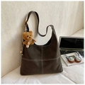 Deep brown French retro crossbody bag with white contrast stitching and bear charm - Coffee with Pendant