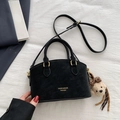 Black frosted retro crossbody handbag with adjustable strap and cute plush bear charm - Black with Pendant