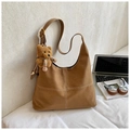 Brown vintage faux suede shoulder bag with contrast stitching and teddy bear charm - Brown with Pendant