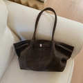 Minimalist deep brown faux suede tote bag with metal buckle on beige sofa - Coffee without Pendant