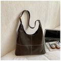 Dark brown large vintage shoulder bag with contrast white cross stitching and metal buckle - Coffee without Pendant