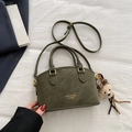Olive green faux leather Boston bag with double handles and leopard print bear charm - Green with Pendant
