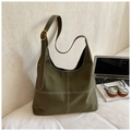 Minimalist army green Hobo tote bag with white contrast stitching and gold buckle detail - Green Without Pendant