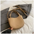 Beige litchi-grain leather bucket bag with top handle and crossbody strap for women - Khaki (No Pendant)