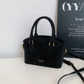Minimalist black faux leather tote bag with gold logo and detachable shoulder strap - Black Simple Style