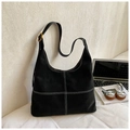 Minimalist black hobo shoulder bag with white contrast stitching and gold buckle - Black without Pendant
