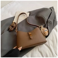 Brown lychee leather square bag with monster plush charm and dual detachable straps - With Charm / Brown