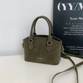 Vintage moss green crossbody bag with gold logo and round top handles in faux suede - Green Plain Style