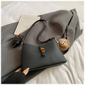 Chic black litchi pattern crossbody bag with gold buckle and brown plush charm - With Charm / Black