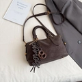 Dark brown Boston handbag with adjustable strap and decorative metal charms - With Charm / Coffee