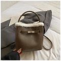 Brown lychee leather bucket bag with white faux fur trim and metal twist lock - Gray