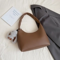 Brown litchi grain faux leather hobo bag with a cute plush rabbit keychain accessory - Brown with Pendant