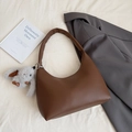 Brown lychee leather hobo shoulder bag with cute grey plush rabbit pendant and wide strap - Coffee with Pendant