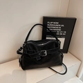 Black matte leather tote bag with white contrast stitching and silver metal buckle detail - Black