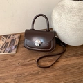 Retro dark brown oily leather semi-circle crossbody bag with silver round metal buckle - No Pendant / Brown