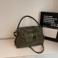 Fashionable olive green tote bag with white stitching and silver metal buckle detail - Green