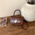 Chic dark brown vintage leather square bag with silver round buckle and hand strap - No Pendant / Brown