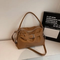 Minimalist camel brown faux leather tote bag with silver buckle and knot detail - Brown