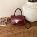 Burgundy glossy leather square handbag with silver round metal buckle and top handle - No Pendant / Burgundy