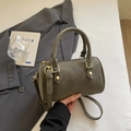 Olive green mini Boston bag in suede finish with embossed logo and gold hardware details - No Pendant / Green