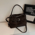 Dark brown suede tote bag with white contrast stitching and silver metal buckle detail - Coffee