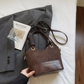 Deep brown patchwork shoulder bag in matte leather finish with adjustable strap - Coffee without Pendant