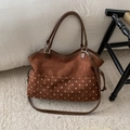 Borsa tote vintage marrone caramello con pois bianchi e logo ricamato fine - Marrone senza ciondoli