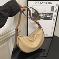 Chic beige and coffee contrast half-moon shoulder bag in textured lychee leather - Khaki