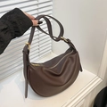Minimalist dark brown lychee leather crescent bag with golden zipper and adjustable strap - Brown