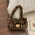 Detail of plush leopard print shoulder bag with cute teddy bear embroidery on fabric - Leopard Print